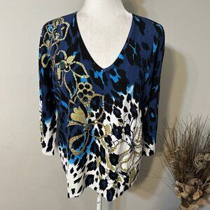 NVD en.vee.d Women Knit Top White Blue Floral Sequins Animal Prints 3/4 Sleeve L